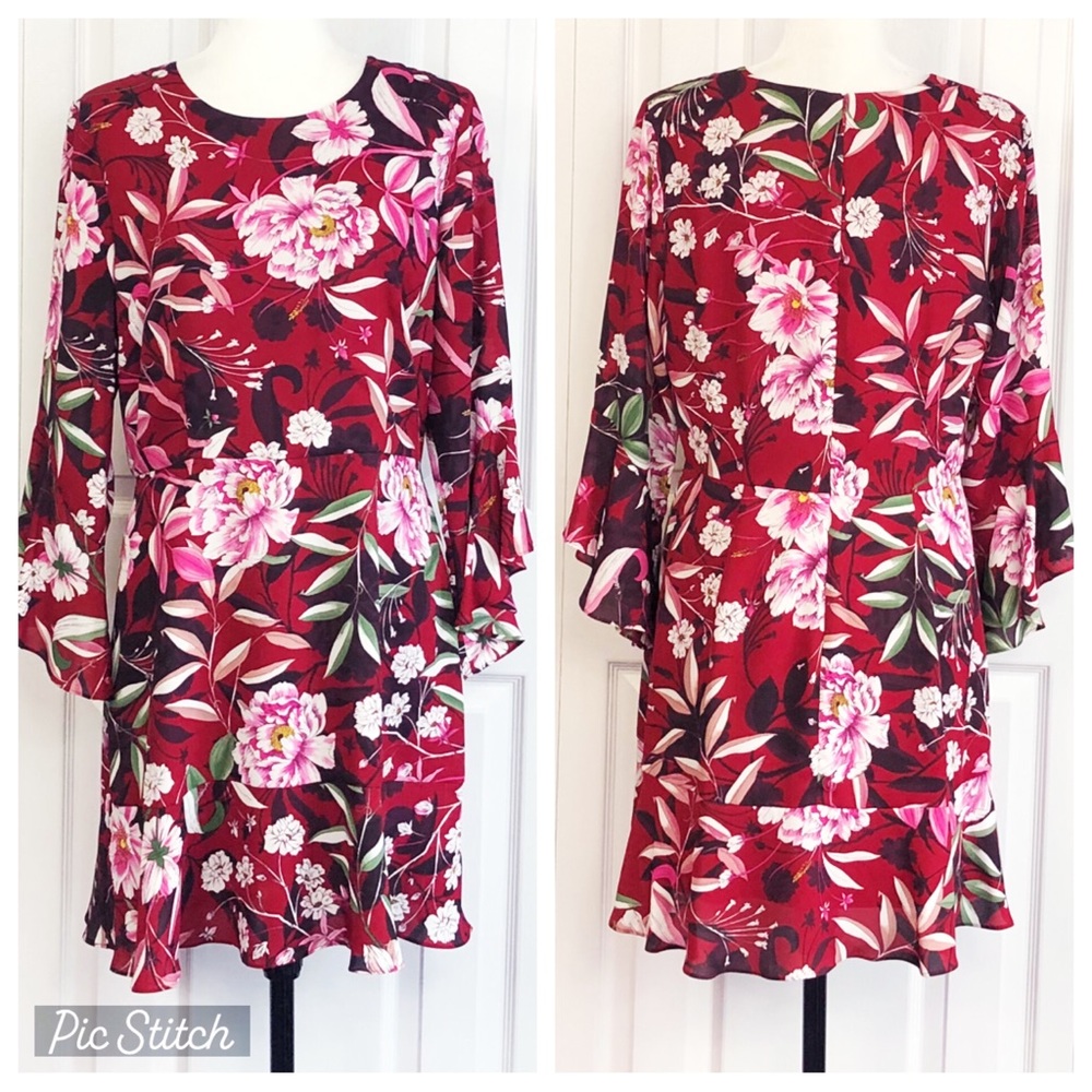 Bar III Red Multi Floral Print Ruffle Bell Sleeve Mini Sheath Dress 10